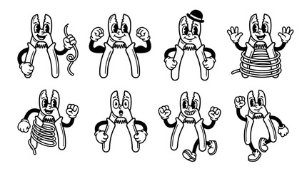 wire stripper, cute retro cartoon style vector set , white background , PNG and SVG isolate