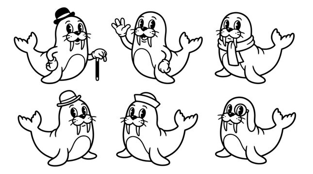 walrus, cute retro cartoon style vector set , white background , PNG and SVG isolate