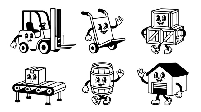 warehouse, cute retro cartoon style vector set , white background , PNG and SVG isolate