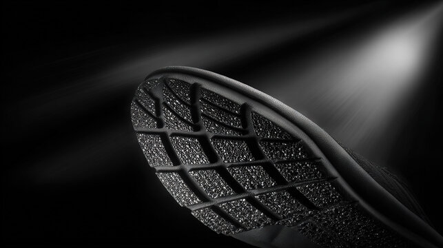 Close-up of a textured running shoe sole against a dark background