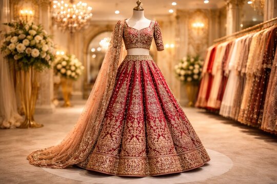 Luxury red and gold embroidered bridal lehenga dress displayed in elegant fashion boutique showroom