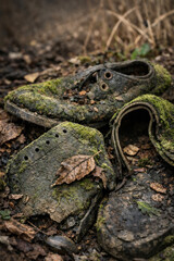 Abandoned Moss Covered Shoes Decaying on Forest Floor