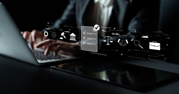 The process of ensuring regulatory compliance and finalizing business legal agreements. A concept of meeting standards, due diligence, and contracts. Motif