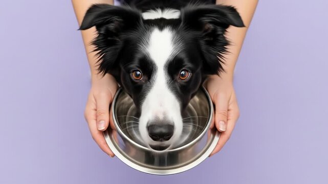 A black and white dog's face emerging from a silver bowl held by two hands against a lavender background