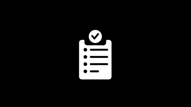Checklist task management icon animation on black background. Digital checklist document with approval mark. Productivity task list concept for workflow and project management.