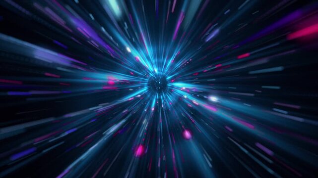 Dynamic futuristic sci-fi background with neon energy light beams zoom effect. Flying at hyperspace warp speed through a galaxy of stars and particles or a space energy portal. Full HD loop.