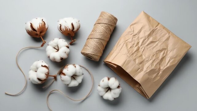 A crumpled brown paper bag, spool of twine, and scattered cotton flowers on a gray surface