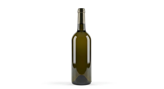 A dark green wine bottle stands alone on a white surface, viewed from the front.