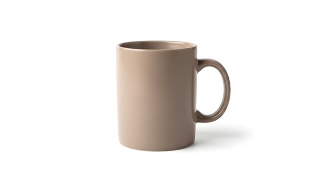 A beige coffee mug with a handle on a white surface viewed from the side