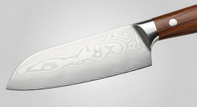 Chef's knife with wooden handle, detailed blade, close-up view