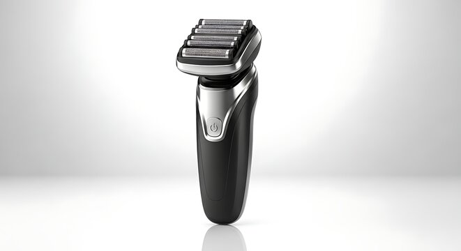 Modern electric razor on reflective surface viewed from front