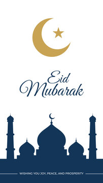 Eid mubarak greeting card with crescent moon, star, and mosque silhouette isolated on a white background