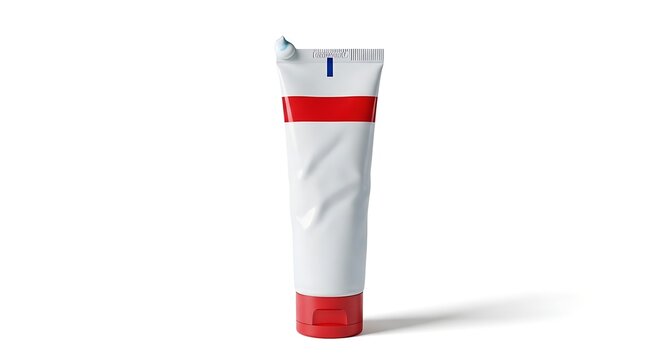 Squeezable tube with red accents standing alone on surface viewed from front