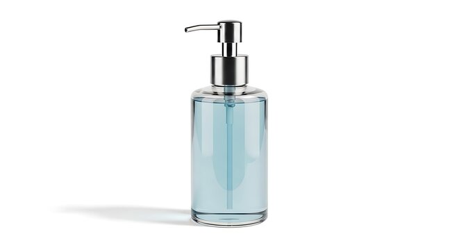 Bottle of liquid soap with pump dispenser isolated on white background viewed from front