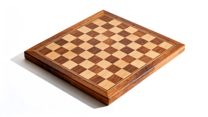 High-quality handcrafted wooden chessboard with light and dark wood squares, isolated on a white background.