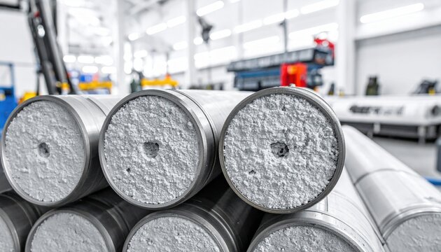 Close-up detailed view of stacked solid rocket propellant segments ready for spacecraft assembly in a manufacturing facility