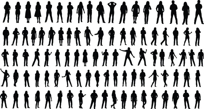 Human silhouettes, standing poses, diverse gestures, male female figures, adult youth postures, clothing variety, body language study, posture collection, vector illustration pack