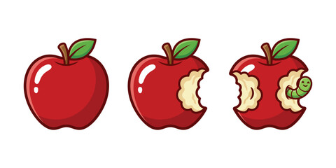 Red Apple with Bite and Worm – Cute Cartoon Apple Eating Sequence Illustration Set