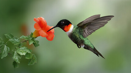 Hummingbird Hovering Near Bright Red Flower in Lush Greenery