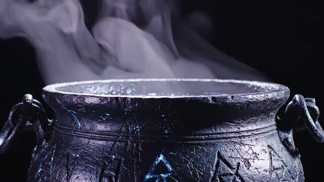 Close-up of a steaming cauldron with mystical symbols, cinematic 4k video footage
