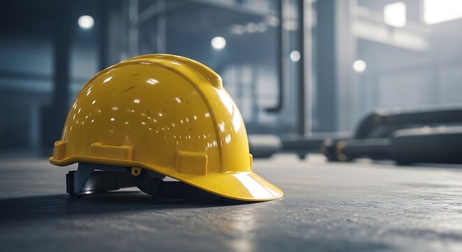 Yellow hard hat on warehouse floor with industrial equipment