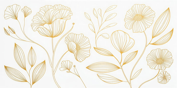 Luxury floral pattern, gold line chinese roses, peonies, elegant leaves isolated. Ornate vector illustration vintage engraving, modern minimalism, wedding design, romantic print, wallpaper, border. 