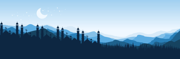 Atmospheric calm blue Arabian night horizon with starry sky for community iftar invitation design