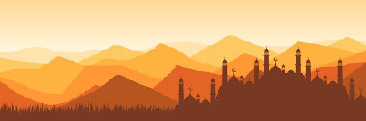 Fototapeta premium Wide screen Islamic holiday banner featuring elegant minarets and sunrise copy space