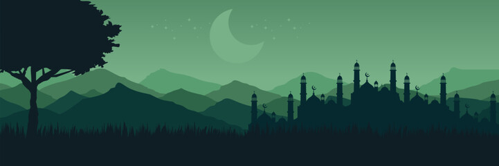 Fototapeta premium Atmospheric green Arabian night horizon with starry sky for community iftar invitation design