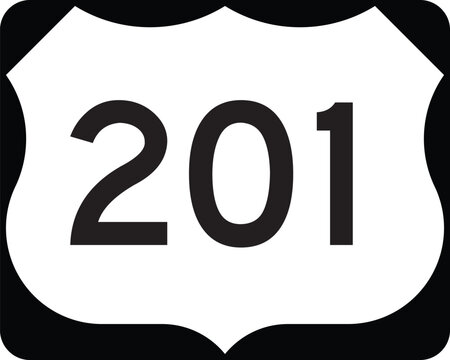 US Route 201 Highway Shield Icon Emblem Badge Design: White on Black United States Numbered Highway Vector