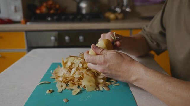 Man continues peeling a potato with a vegetable peeler over a cutting board covered with potato peels. Hands rotate the potato while removing the skin during meal preparation. High quality 4k footage