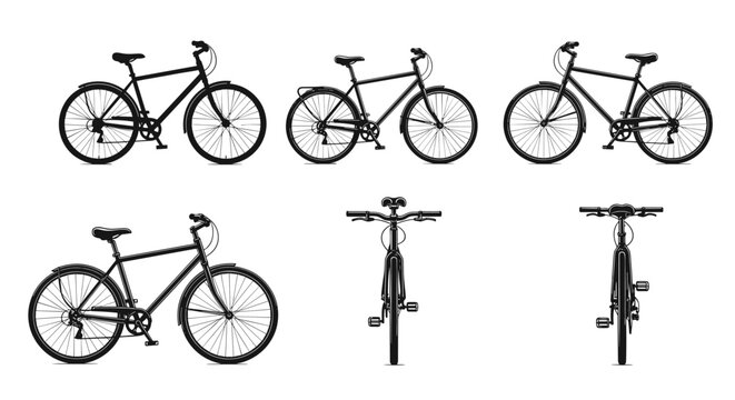 Collection of bicycle illustrations in black and white, showcasing different angles and styles