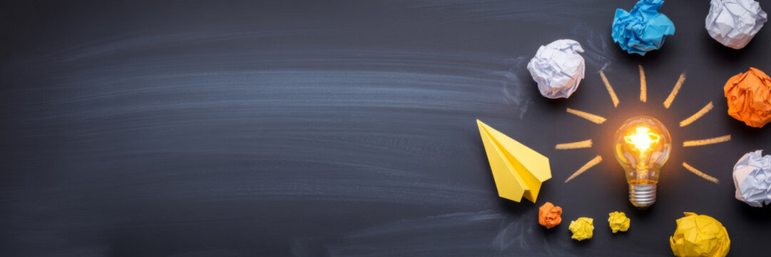 Education concept image. Creative idea and innovation. Light bulb as metaphor over blackboard 
