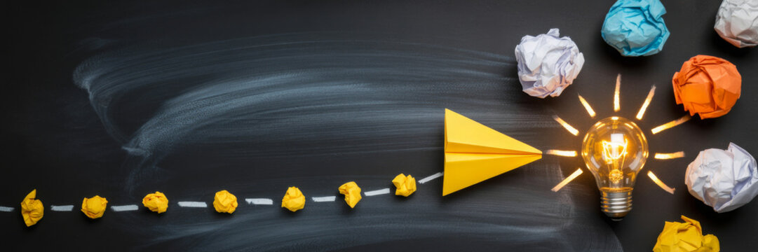 Education concept image. Creative idea and innovation. Light bulb as metaphor over blackboard 
