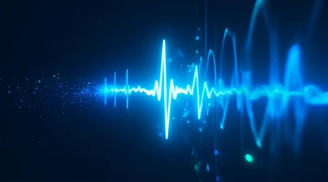 Bright blue sine wave with scattered blue particle dust against dark background