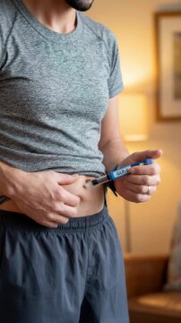 A man in a grey t-shirt administering a GLP-1 injection into his abdomen at home. This vertical shot captures a patient managing weight loss or diabetes treatment through a subcutaneous self-injection