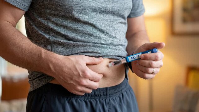 A man in a grey t-shirt administering a GLP-1 injection into his abdomen at home. This vertical shot captures a patient managing weight loss or diabetes treatment through a subcutaneous self-injection