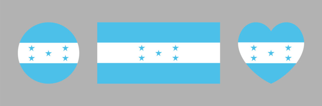 Republic of Honduras flag in heart, round, rectangular shapes, button, banner.  Honduras country flag sticker. National flag badge circle, rectangle, heart background.