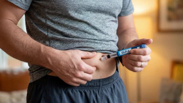 A man in a grey t-shirt administering a GLP-1 injection into his abdomen at home. This vertical shot captures a patient managing weight loss or diabetes treatment through a subcutaneous self-injection