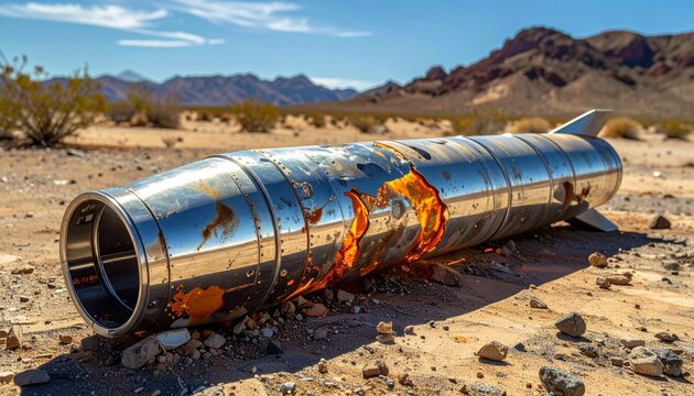 Damaged titanium alloy rocket body fragment with burn marks resting on dusty desert ground