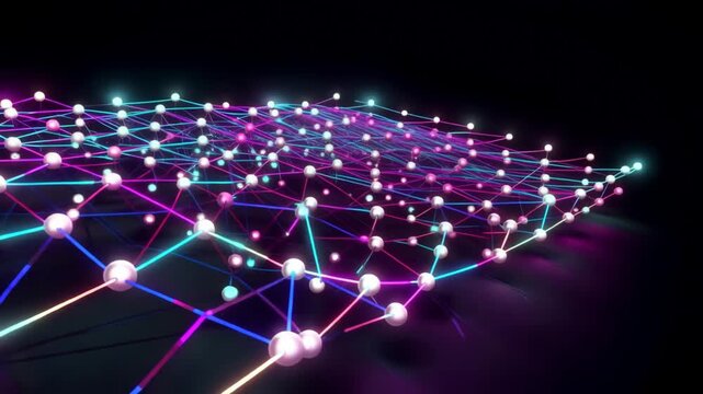 A dynamic 3D render of a glowing digital network or neural grid forming in deep space. Vibrant light pulses connect nodes, representing artificial intelligence, big data, and global connectivity