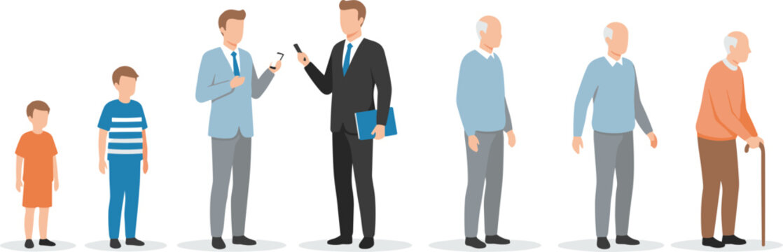 Flat vector illustration showing the stages of aging from childhood and professional adulthood to senior years and elderly life with a cane.
