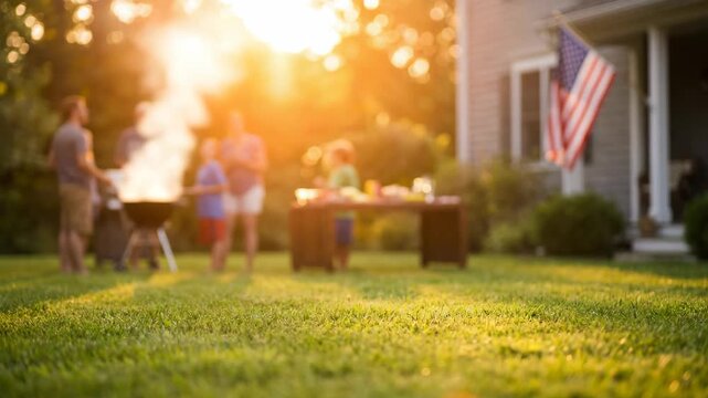 A sun-drenched, blurred outdoor scene of a family barbecue on Independence Day. Features a house with an American flag, glowing bokeh, and a warm atmosphere of a patriotic 4th of July celebration
