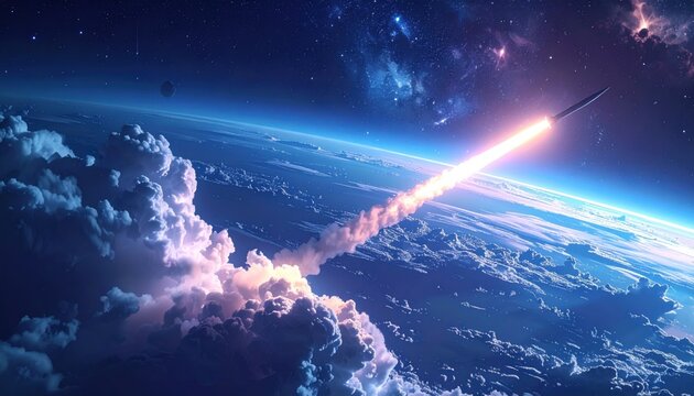 Ballistic missile exhaust plume creating abstract shapes in the upper atmosphere, a vibrant cosmic spectacle