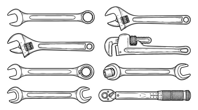 wrench spanner , realistic line art vector set , white background , PNG and SVG isolate