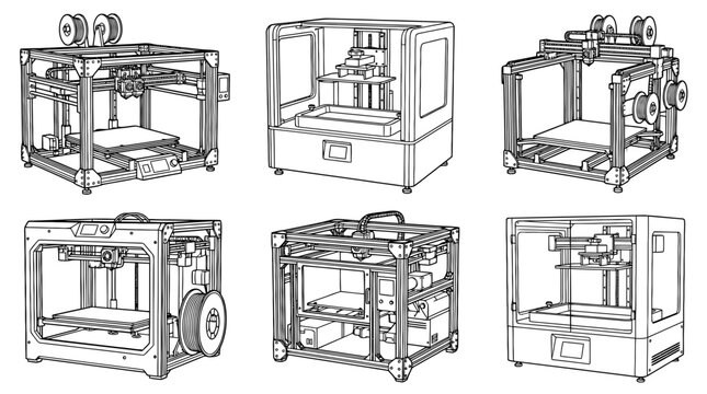 3d printer industrial , realistic line art vector set , white background , PNG and SVG isolate