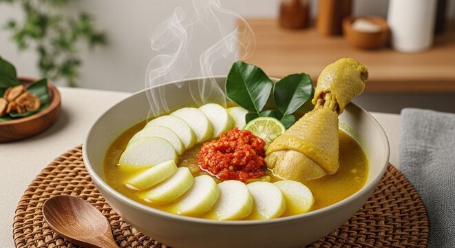 Semangkuk kari ayam pedas yang mengepul dengan sayuran segar dan sambal.