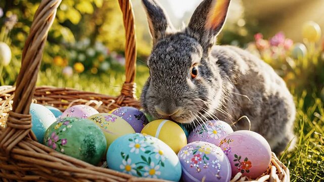 A gray bunny sniffs colorful Easter eggs with floral patterns in a wicker basket on grass with a sunny garden background, conveying a joyful Easter mood with soft, natural lighting.