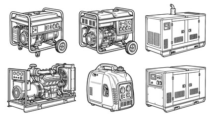 Naklejka premium electric generator , realistic line art vector set , white background , PNG and SVG isolate