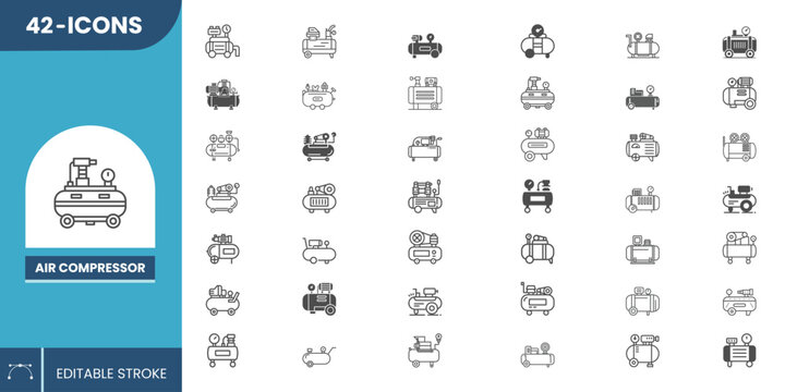 Air Compressor Vector Icon Set &ndash; Pneumatic Pump, Industrial Machine, Workshop Equipment, Garage Tool Symbols Pack.